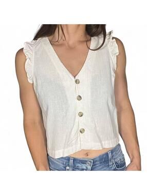 Madewell White Linen Blend Tank with Ruffled Sleeves
